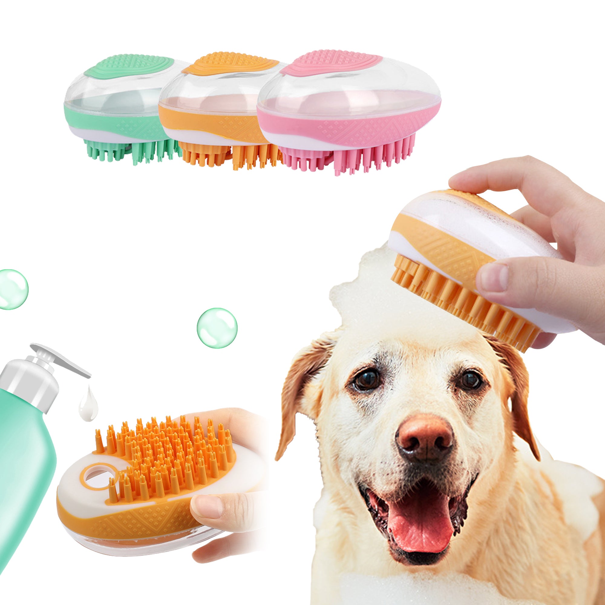 Silicone pet bath brush with built-in shampoo dispenser being used on a happy dog